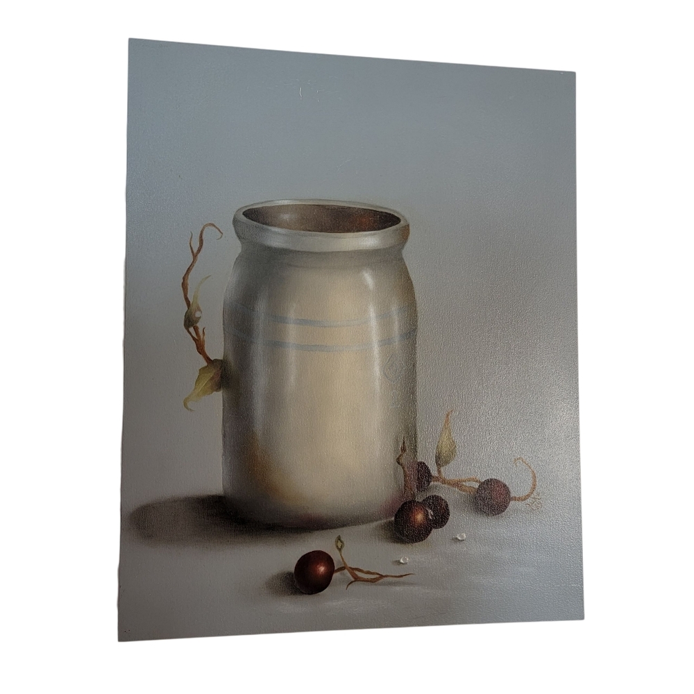 Handpainted Signed Still Life Artwork No. 2 Crock Cherries On Wood Board 1989